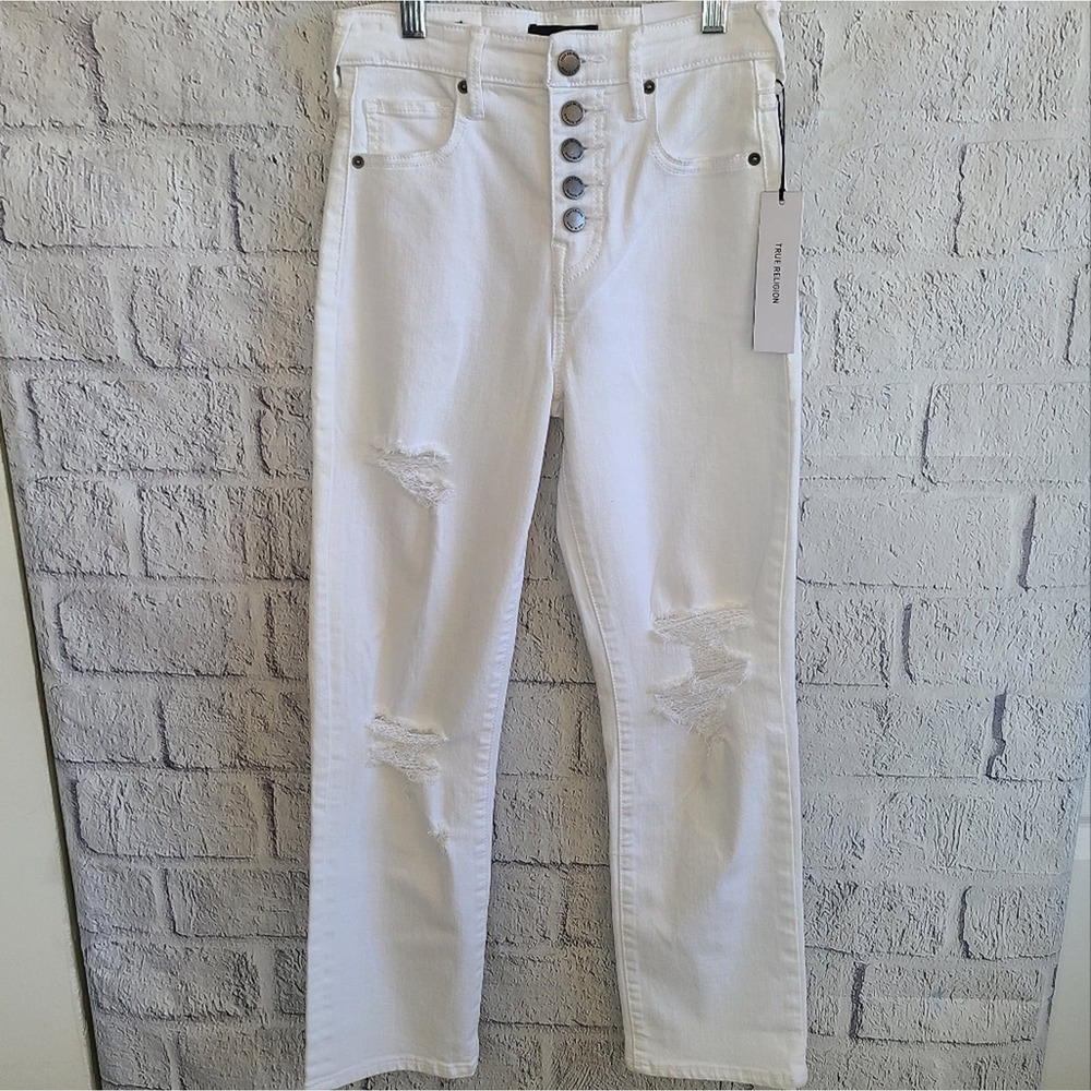 True Religion High Waist Button Fly Starr Optic White Distressed Jeans NWT SZ 25